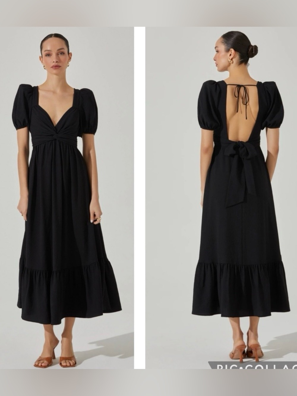 Astr The Label Size Large L Black Twist Bust Tie Back Puff Sleeves Midi Dress